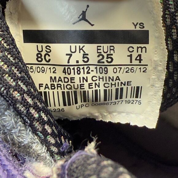 Jordan Kid's Size 8C Retro 9 Sneakers "Baron" White Concord Grape - Picture 10 of 11